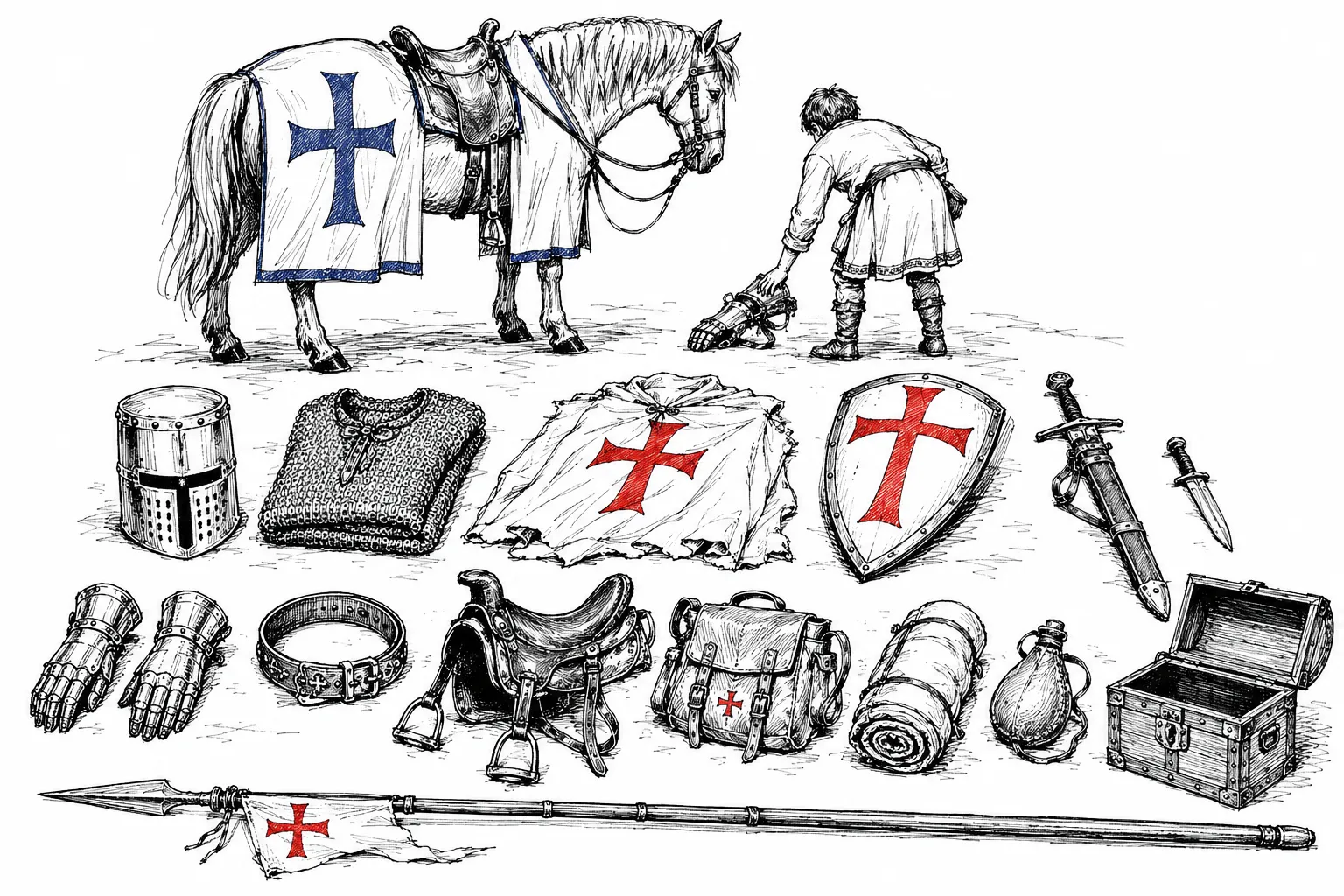 Ilustracja: rozłożony ekwipunek templariusza, zbroja, tarcza, miecz, juki